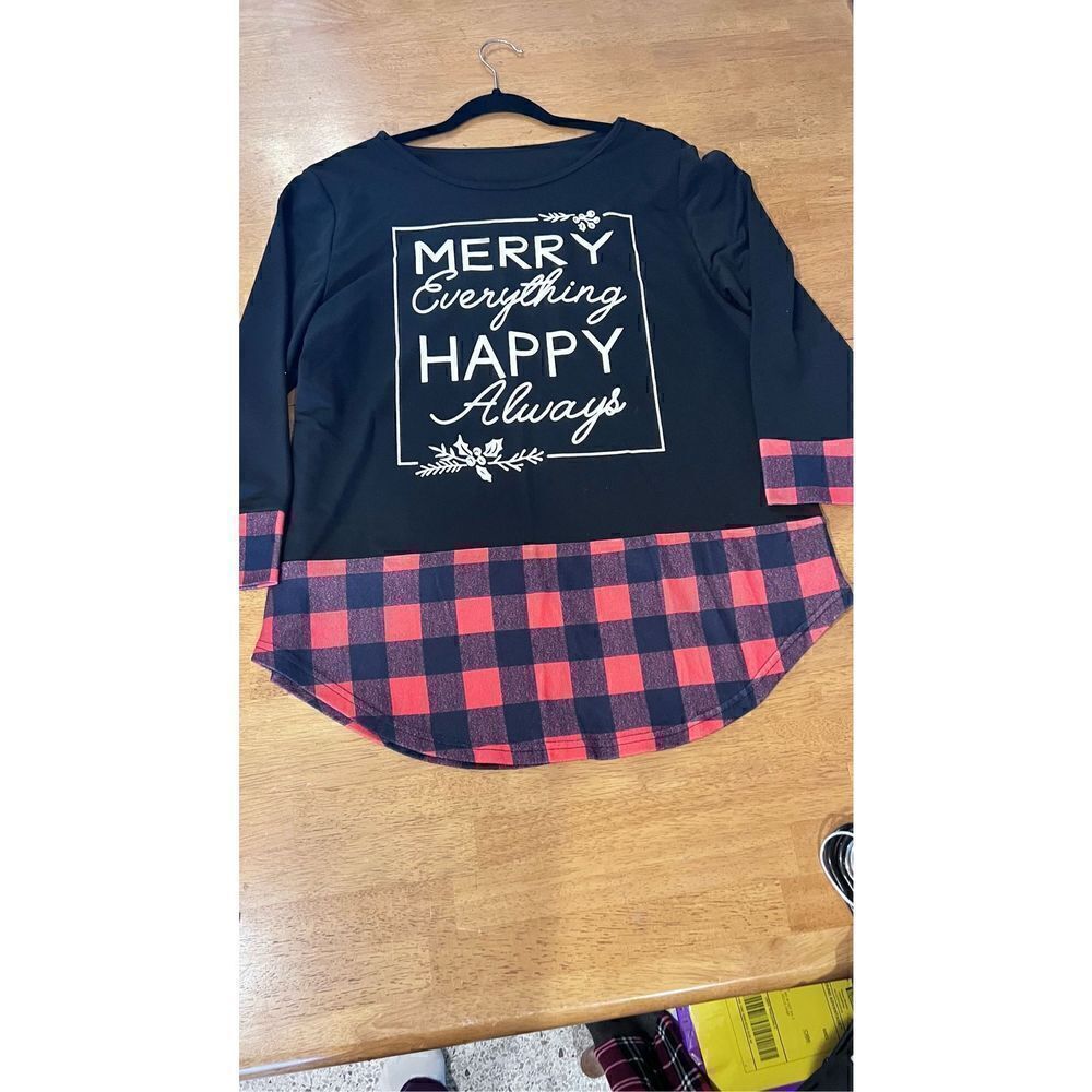 MERRY EVERYTHING HAPPY ALWAYS CHRISTMAS SWEATSHIRT BLACK & BUFFALO PLAID SZ XL